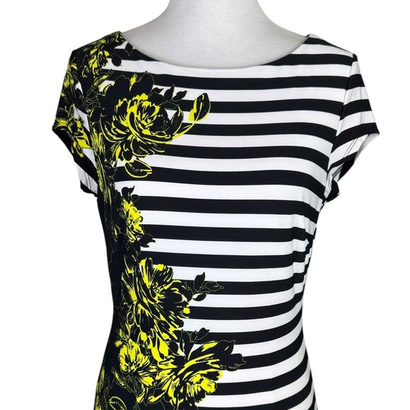 Cache Black & White Stripe Yellow Floral Print Jersey Knit Stretch Sheath Dress - Picture 4 of 10